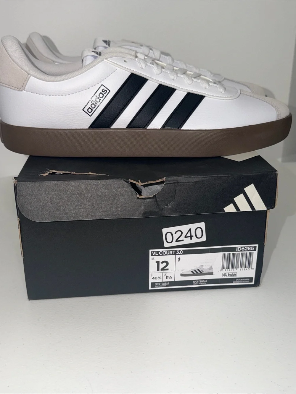 adidas VL Court 3.0 White Black Gum Sole Sneakers Men's Size 12 NEW ID6285